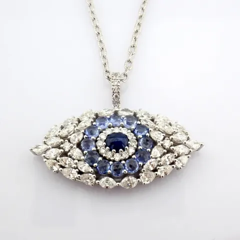 14K Large Evil Eye Necklace Detailed With Vibrant Sapphire and Brilliant Diamonds