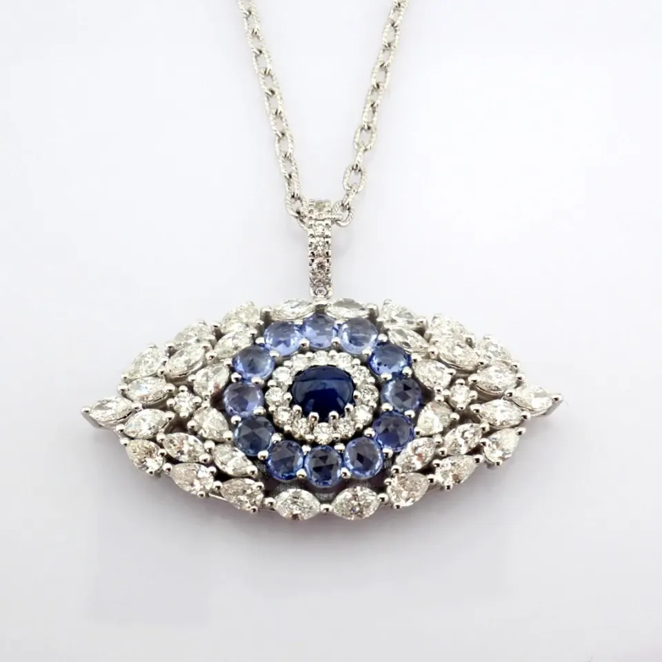 14K Large Evil Eye Necklace Detailed With Vibrant Sapphire and Brilliant Diamonds