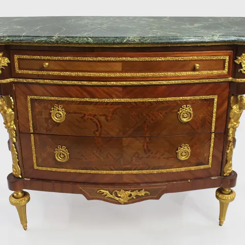 French Marble Topped Bow Fronted Commode with Gilt Metal Mounts