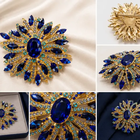 Blue Crystal Sunburst Brooch – Gold-Tone Statement Jewellery