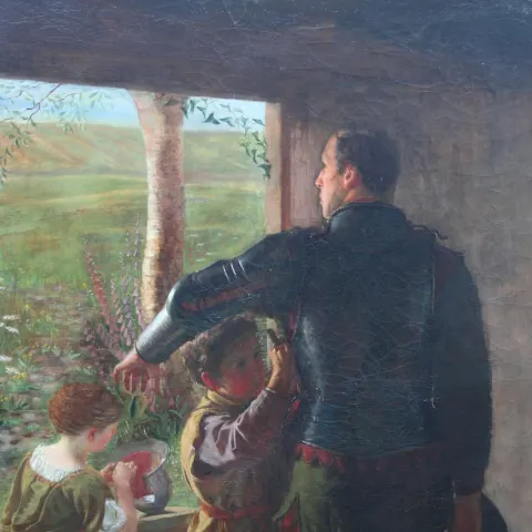 “A Call to Arms” – Monumental 19th Century English Pre-Raphaelite Oil Painting in Gilt Frame