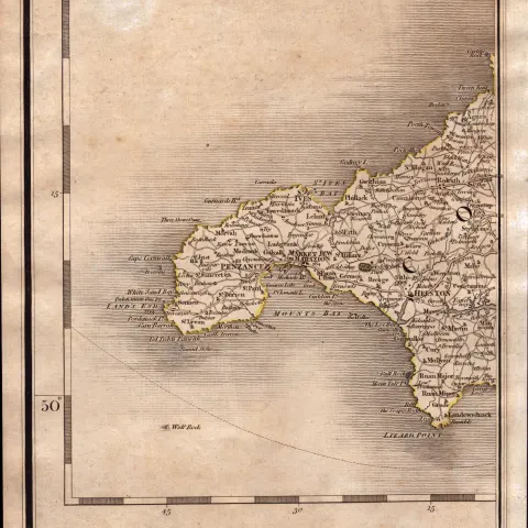 Penzance, St Ives, Redruth, Lands’ End, John Cary’s Antique 230 Years-Old  1794 Map.