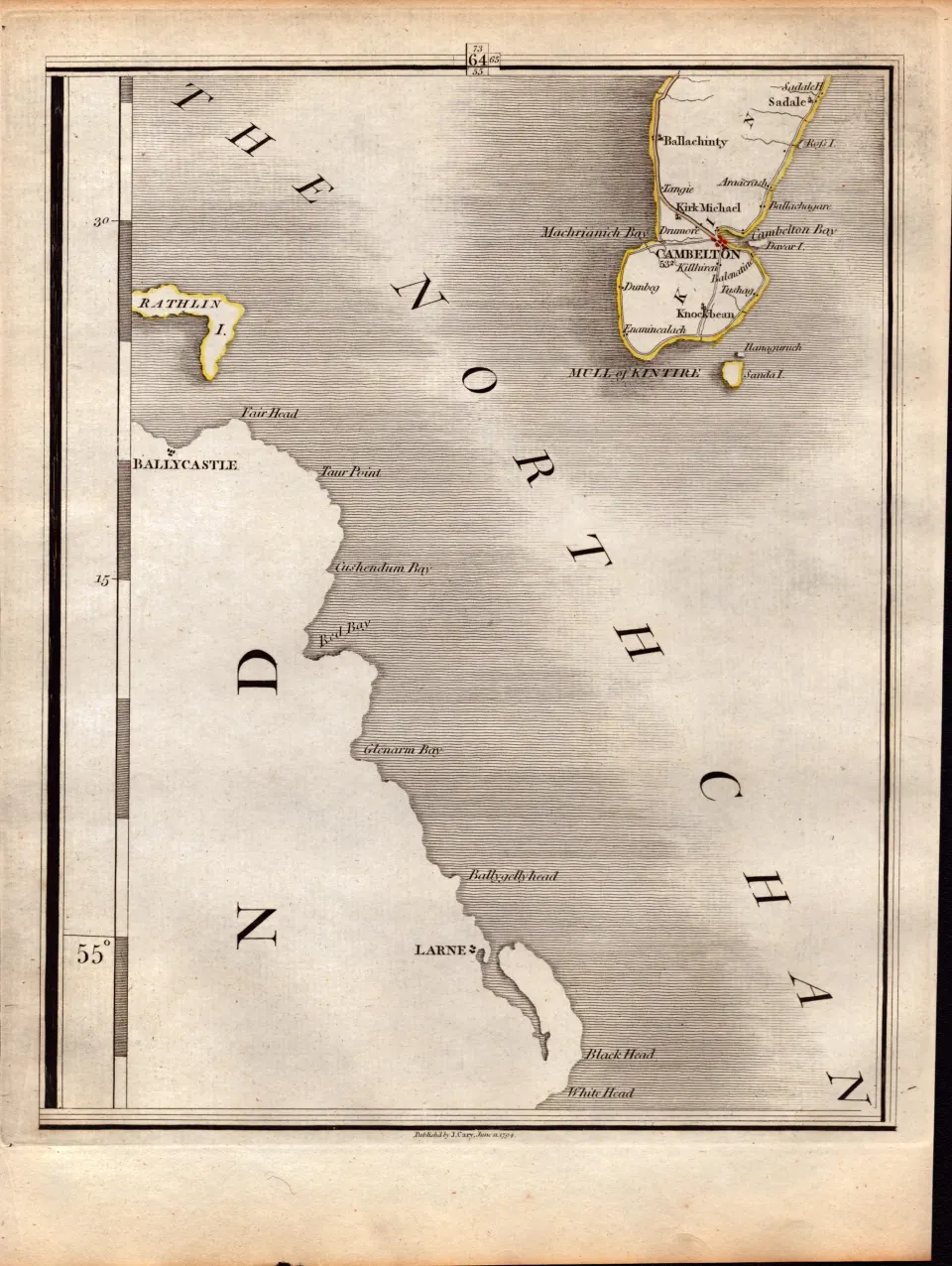 Ulster Larne, Rathin Isle, Ballycastle Ireland John Cary’s Antique 230 Years-Old 1794 Map.