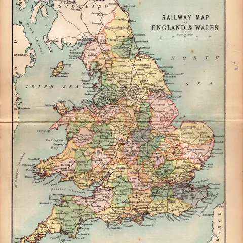 Railway Map England & Wales Antique Victorian Coloured Map.