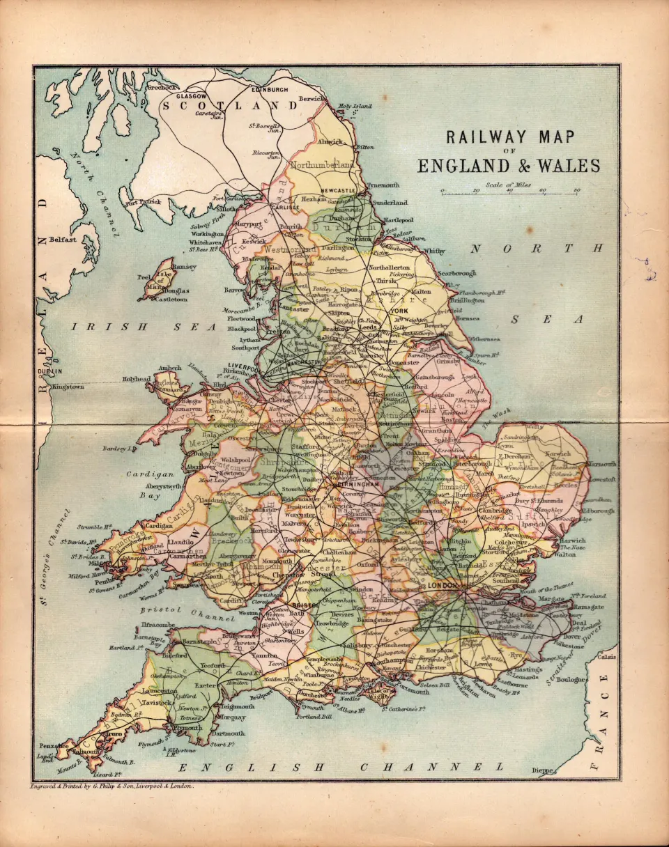 Railway Map England & Wales Antique Victorian Coloured Map.