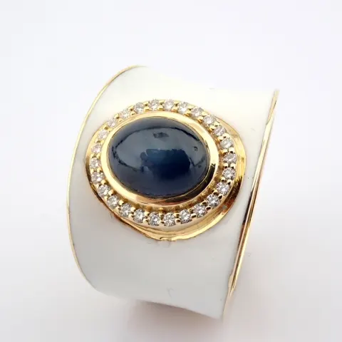 A Luxurious Gold Ring Featuring White Laser Enamel, Elegantly Adorned With Vibrant ''Cab'' Cut Sapph