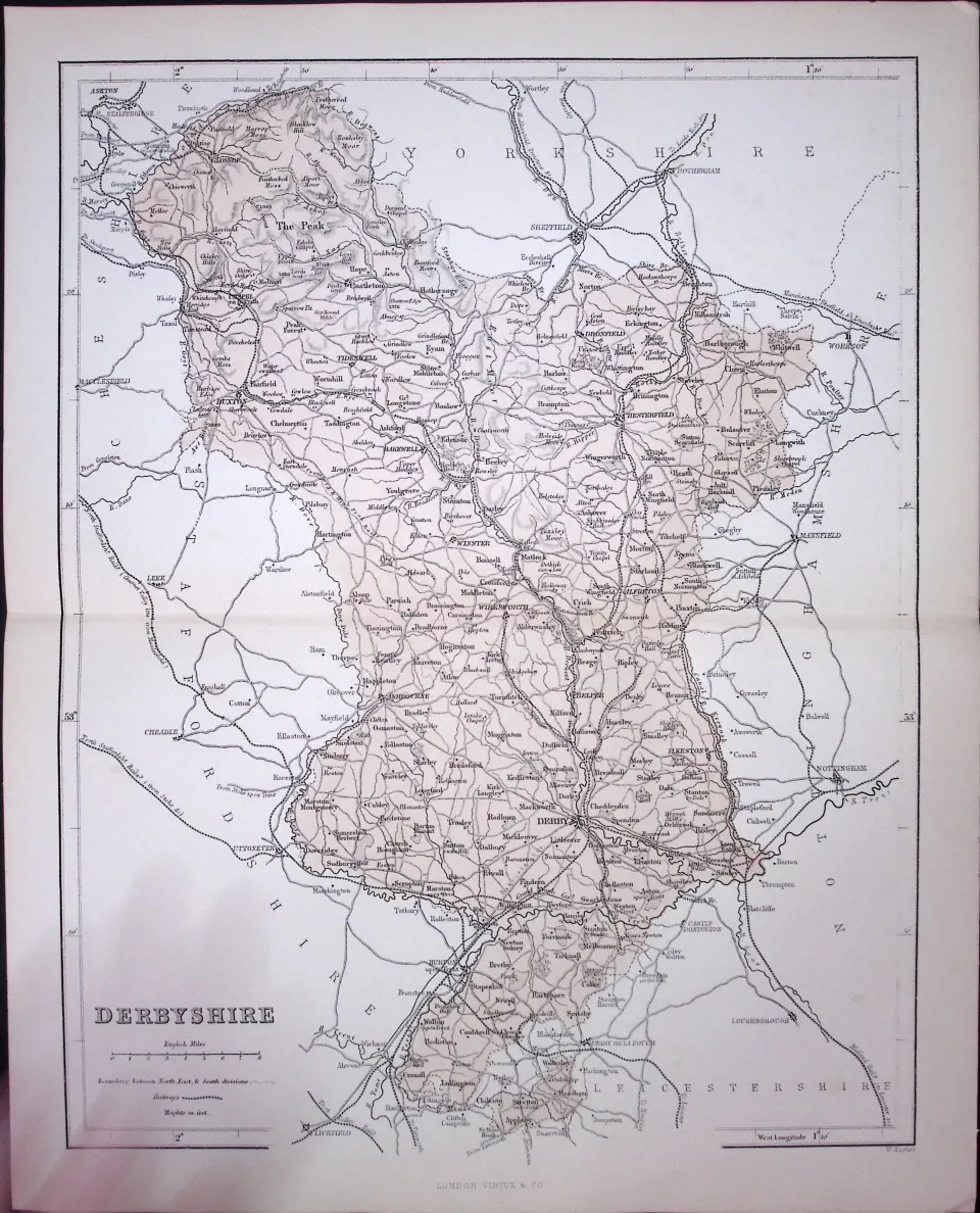 Derbyshire 150 Years-Old Coloured Detailed Antique 1875 Map-26