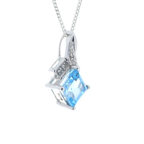 9ct White Gold Diamond And Blue Topaz Pendant 0.02