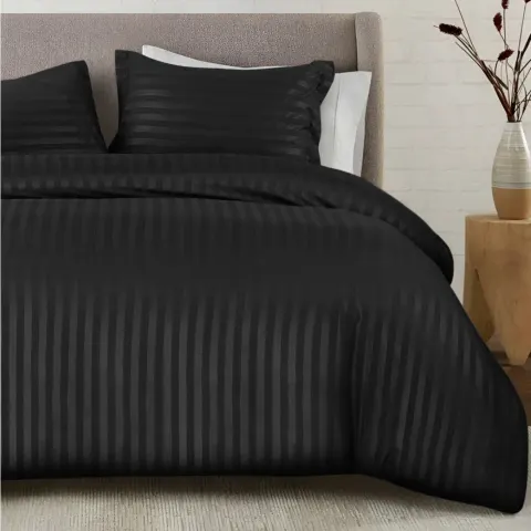 King Size Black Sateen Stripe Bed Linen – 100% Microfibre Soft Easy Care Duvet Set