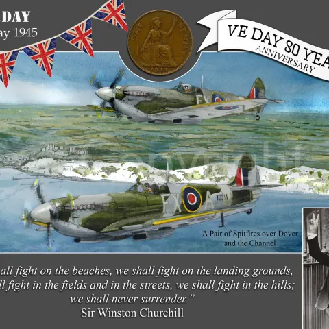 VE Day 80th Anniversary Designed Metal Art Coin Display Spitfires Over Dover