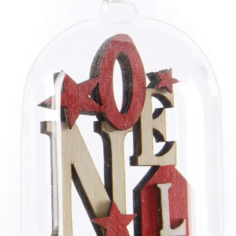 6 x SMALL GLASS DOME & WOOD CHRISTMAS DECORATION (RED TONES NOEL)