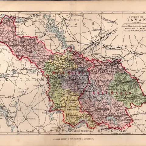 County of Cavan Ireland Antique Detailed Coloured Victorian Map.