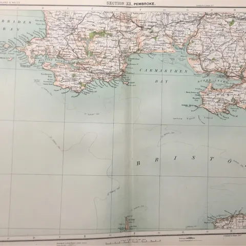 Victorian Antique 1897 Map Wales Carmarthen Swansea Tenby Pembroke.