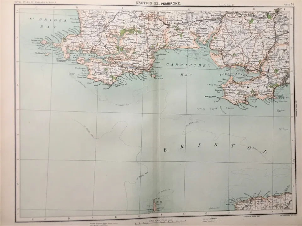 Victorian Antique 1897 Map Wales Carmarthen Swansea Tenby Pembroke.