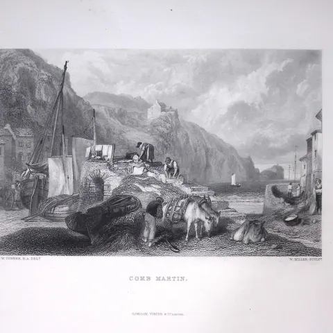 J.M.W Turner Comb Martin Devon Large Antique Steel Engraving-45-TR