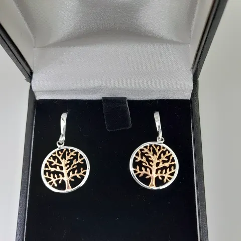Silver and Rose Gold Plated, Tree of Life Pendant Drop Earrings