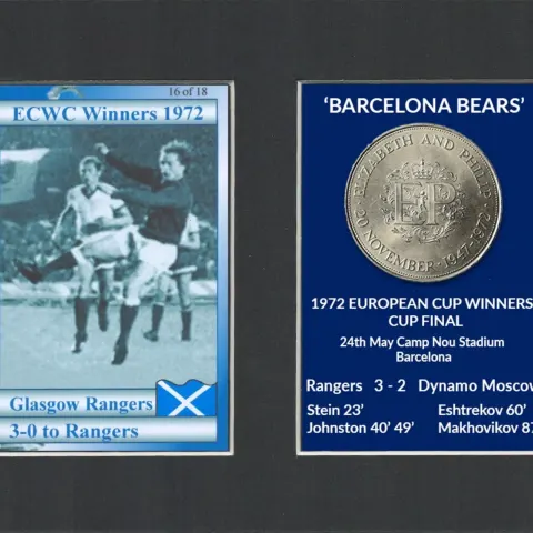 3-0 To The Rangers Barcelona Bears 1972 ECWC Mounted Card & Coin Set.