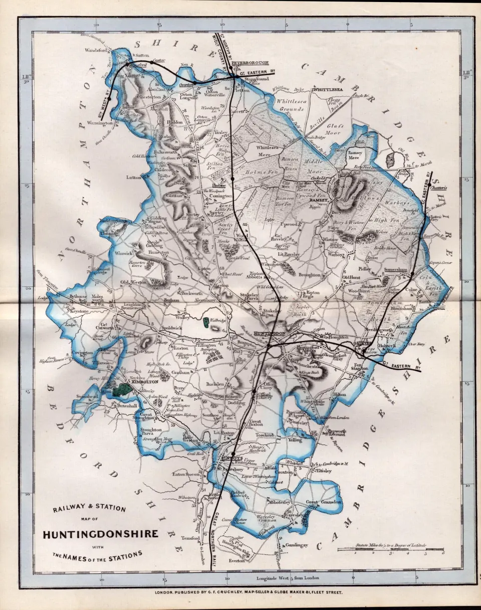 Huntingdon Cruchley Scarce Antique Railways & Stations Coloured Map.