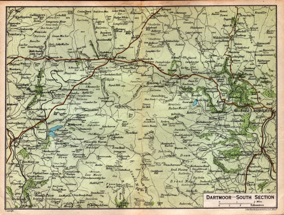 Dartmoor South Section Coloured Vintage 1924 Map.