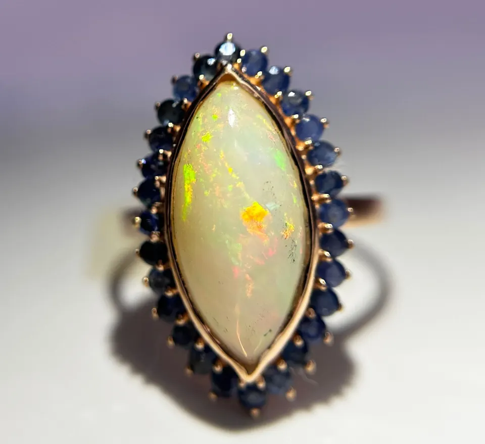 Beautiful Natural Opal Ring With Natural Blue Sapphire And 18k Gold