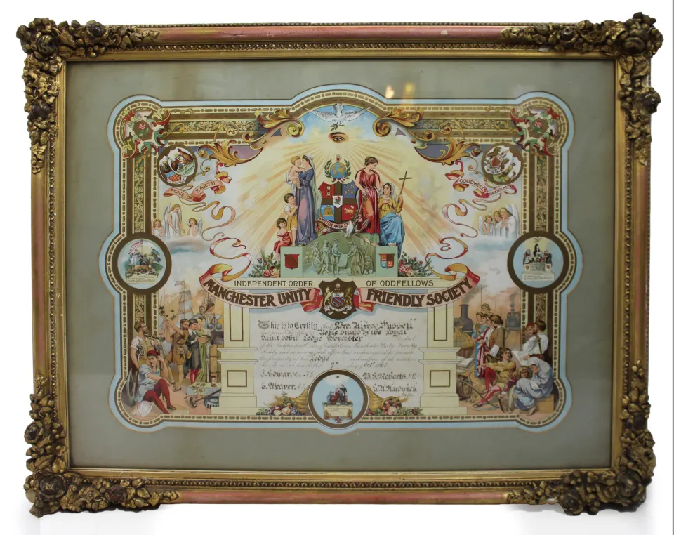 Edwardian Coloured Calligraphic Freemason Artwork Set in Gilt Frame