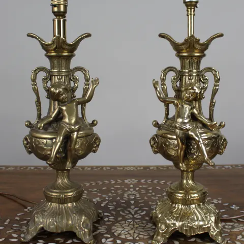 Pair of Vintage Rococo Revival Brass Cherub Table Lamps