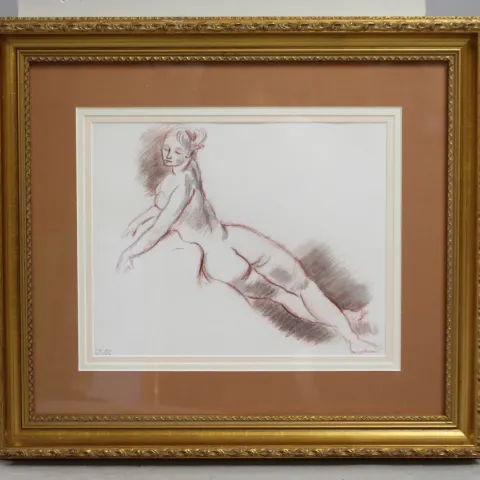 French Ink & Conte Nude Sketch Set in Gilt Frame