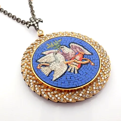 An Exquisite Necklace Detailed With Micro-Mosaic, Brilliant Diamonds and Gold On Silver
