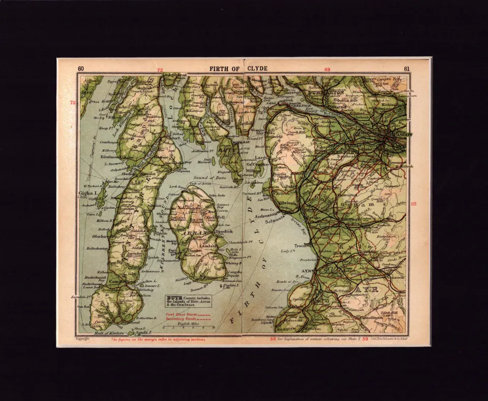 Firth of Clyde Scotland Coloured Mounted Antique Edward VIII Map.