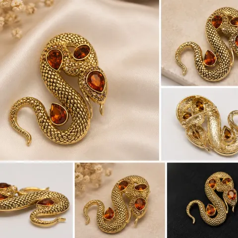 Gold Tone Snake Brooch with Amber-Colour Stones