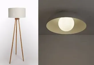 1 x Cream Wooden Tripod Floor Lamp 50557397. 1 x Grey & Glass Flush Ceiling Light Fitting 51224627
