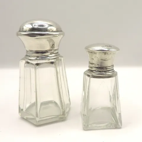 Pair Antique Sterling Silver Cut Glass Lidded Vanity Bottles