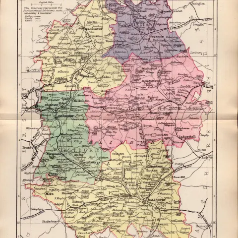 County Wiltshire 1895 Antique Victorian Coloured Map.