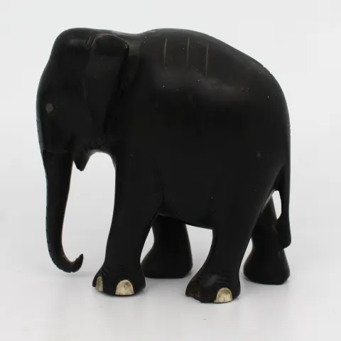 Vintage Hand-Carved Wooden Elephant with Inlaid Detailing