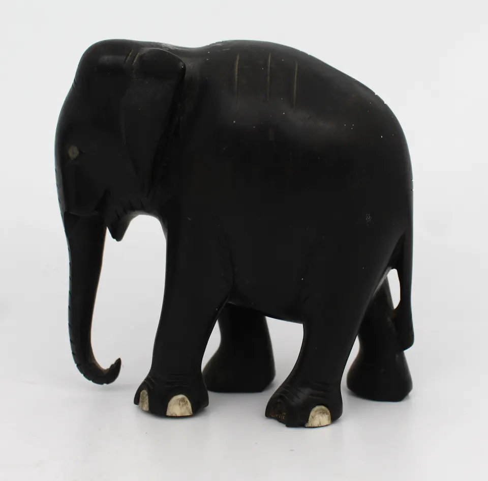 Vintage Hand-Carved Wooden Elephant with Inlaid Detailing