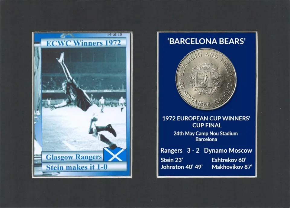Stein Makes It 1-0 Rangers Barcelona Bears 1972 ECWC Mounted Card & Coin Set.