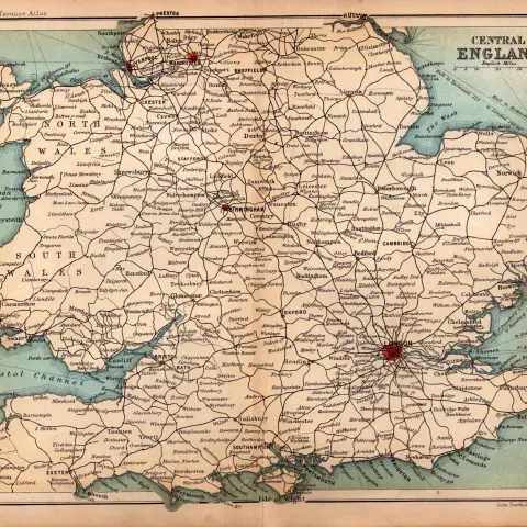 Central Area of England Double Sided Coloured Antique 1896 Map.