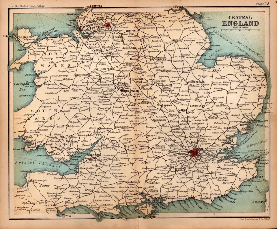 Central Area of England Double Sided Coloured Antique 1896 Map.