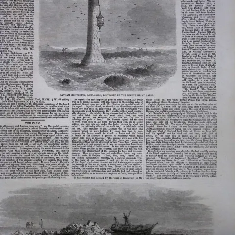 Lytham Lighthouse Destroyed In Heavy Gale 1863 Antique Woodcut Engraving.