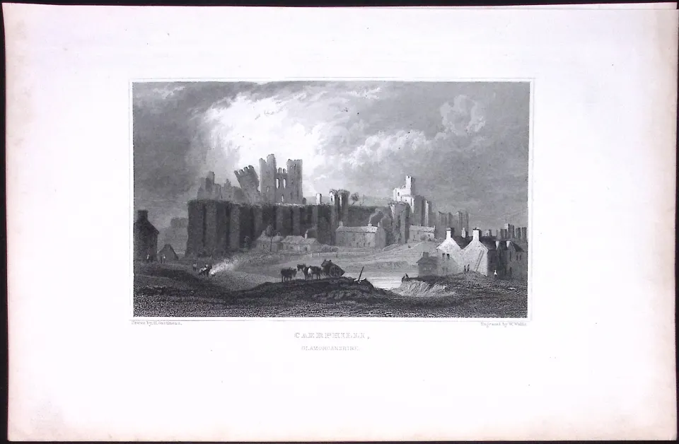 Wales-Caerphilly Castle Antique 166-Year-Old Steel Engraving-2