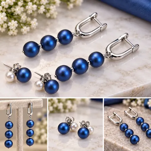 Set of 2 Pairs Blue Pearl Style Earrings – Drop & Stud Design