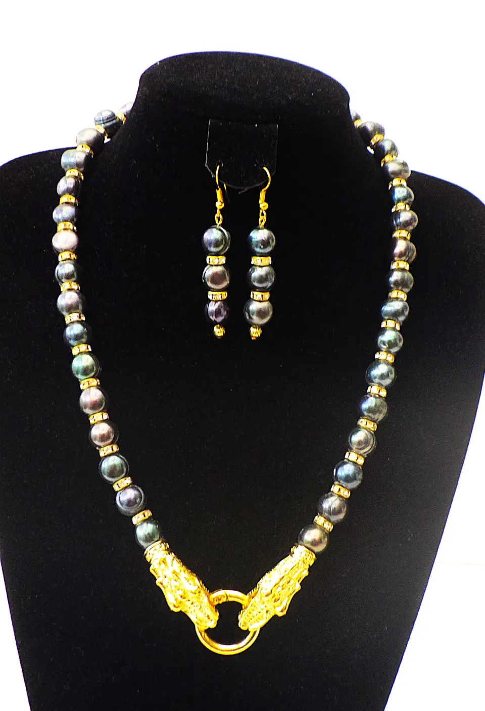 Necklace & Earrings Set With Large Black Iridescent Natural Pearls and Chinese Dragons.