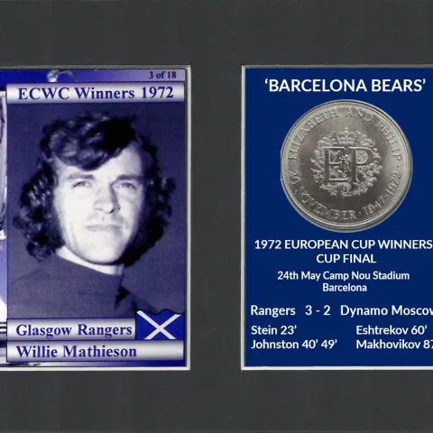Willie Mathieson Rangers FC Wins 1972 ECWC Mounted Card & Coin Metal Art Display