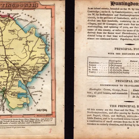 Huntingdonshire Engraved Hand Coloured George IV Map & Text.
