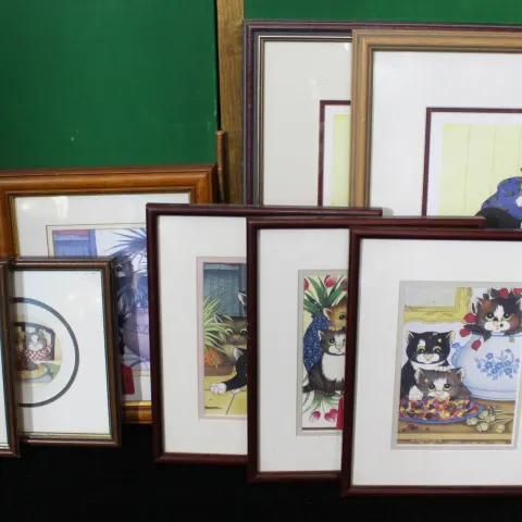 Collection of 9 Framed Cat Prints by Linda Jane Smith