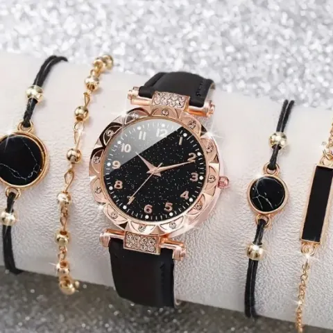5pcs/set Women's Starry Rhinestone Quartz Watch Analog PU Leather Wrist Watch & Bracelets,