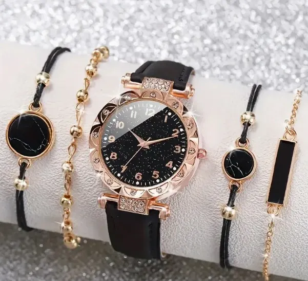 5pcs/set Women's Starry Rhinestone Quartz Watch Analog PU Leather Wrist Watch & Bracelets,