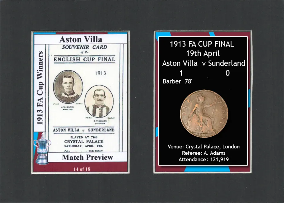 1913 FA Cup Final Aston Villa v Sunderland Mounted Card & Coin Gift Set.