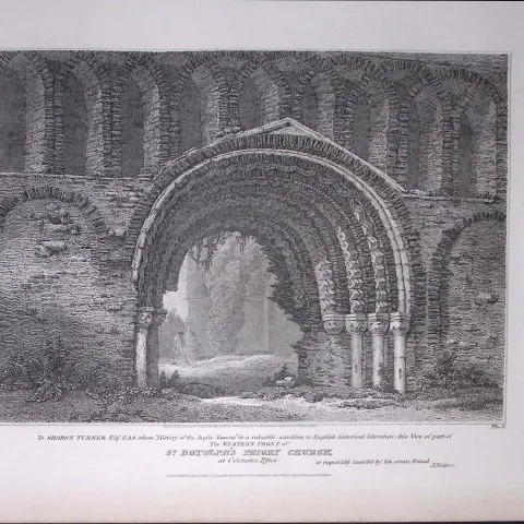 St Botolph Priory Church Essex Rare John Britton Antique Steel Engraving-1