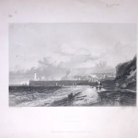 Whitby Castle & Pier Yorkshire WH Bartlett 1842 Antique Steel Engraving-11-TR
